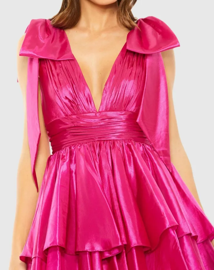Cocktail Dresses Women Oversized Bow Deep V Ruffle Mini Dress Fuchsia Mac Duggal