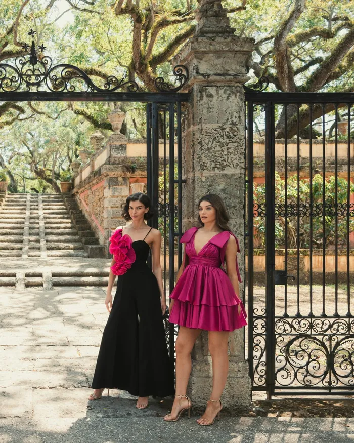 Cocktail Dresses Women Oversized Bow Deep V Ruffle Mini Dress Fuchsia Mac Duggal