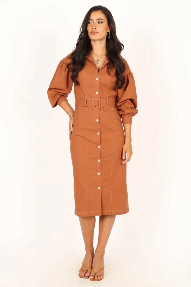 Coco Long Sleeve Midi Dress Tan Winter Dresses Petal and Pup Women