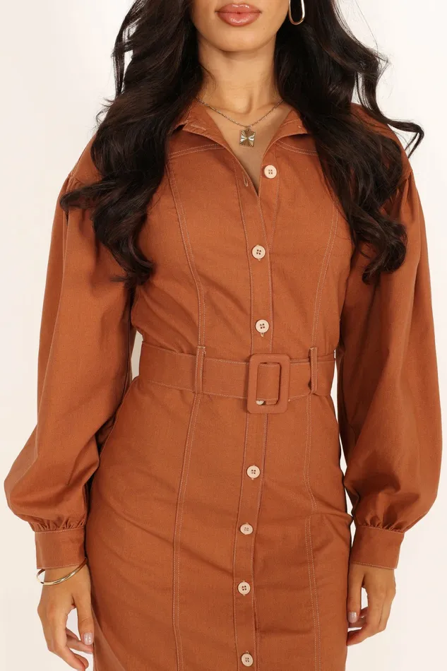 Coco Long Sleeve Midi Dress Tan Winter Dresses Petal and Pup Women