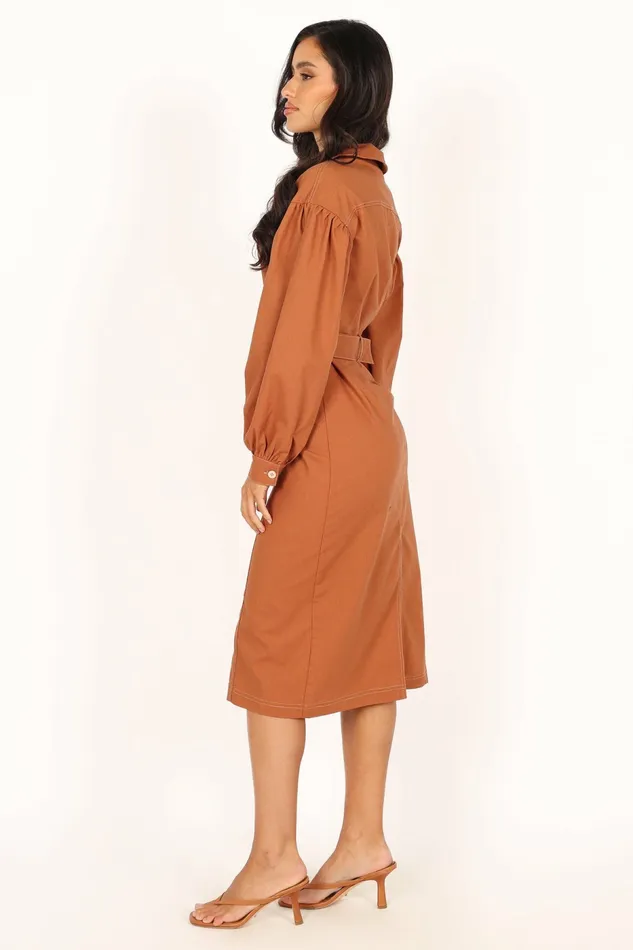 Coco Long Sleeve Midi Dress Tan Winter Dresses Petal and Pup Women
