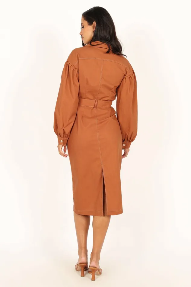 Coco Long Sleeve Midi Dress Tan Winter Dresses Petal and Pup Women