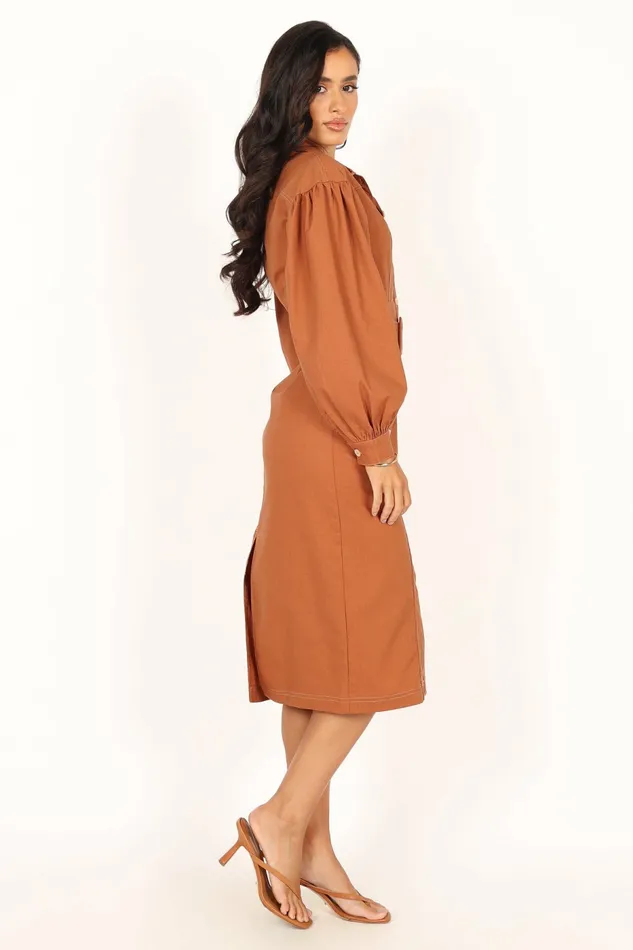 Coco Long Sleeve Midi Dress Tan Winter Dresses Petal and Pup Women