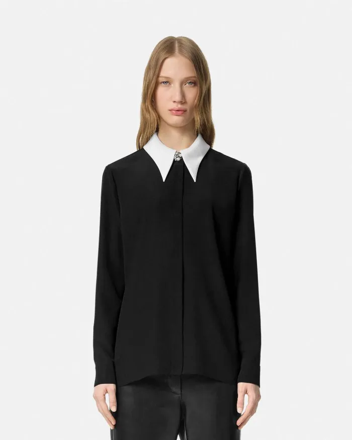 ContrastCollar Silk Crpe Shirt Black Women Versace Shirts and Tops