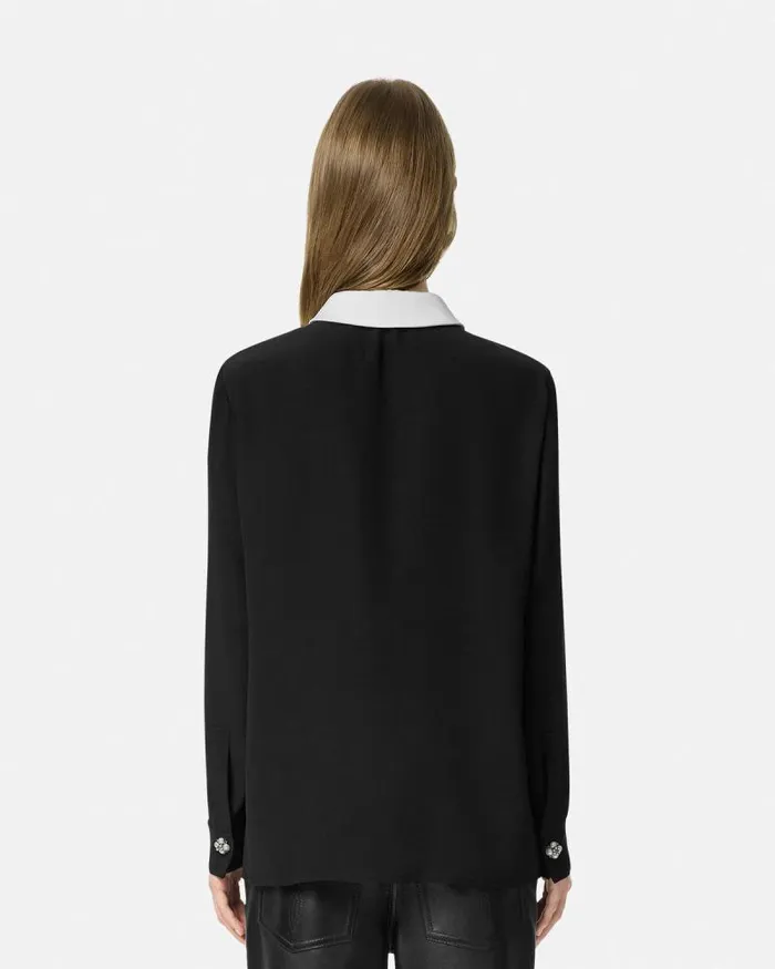 ContrastCollar Silk Crpe Shirt Black Women Versace Shirts and Tops