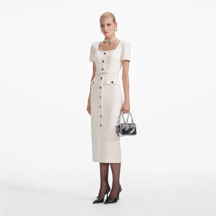 Cream Crepe Button Midi Dress Women Self Portrait Dresses