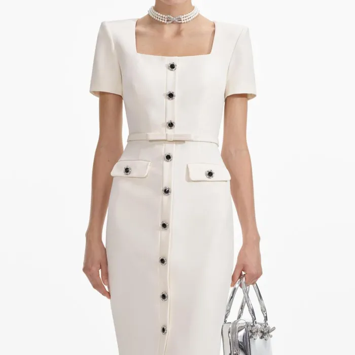 Cream Crepe Button Midi Dress Women Self Portrait Dresses