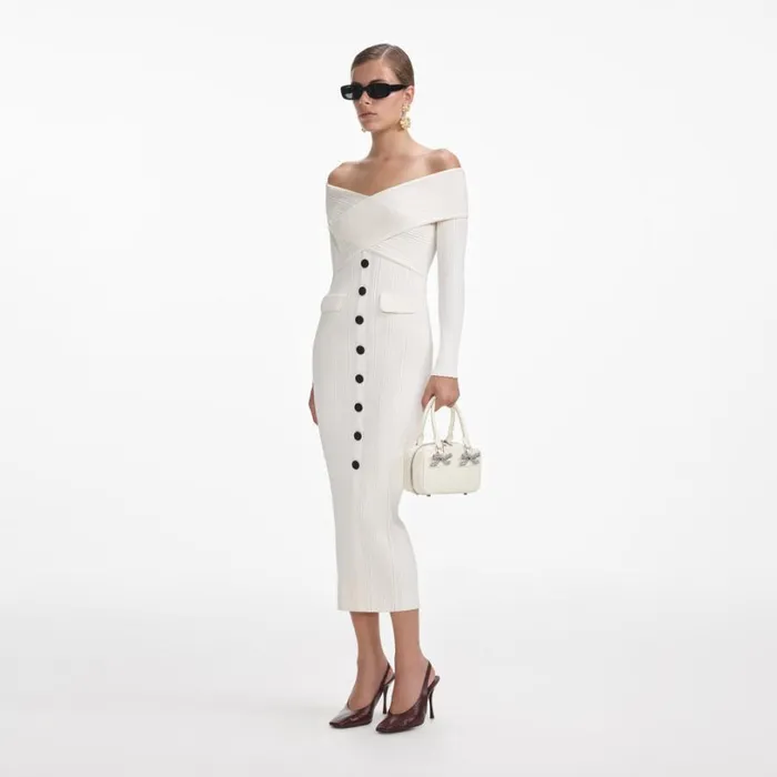 Cream Off Shoulder Knit Midi Dress Women Self Portrait Dresses Cream Off Shoulder Knit Midi Dress Women Self Portrait Dresses