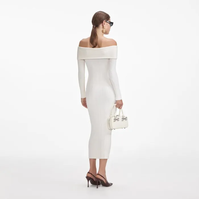Cream Off Shoulder Knit Midi Dress Women Self Portrait Dresses Cream Off Shoulder Knit Midi Dress Women Self Portrait Dresses