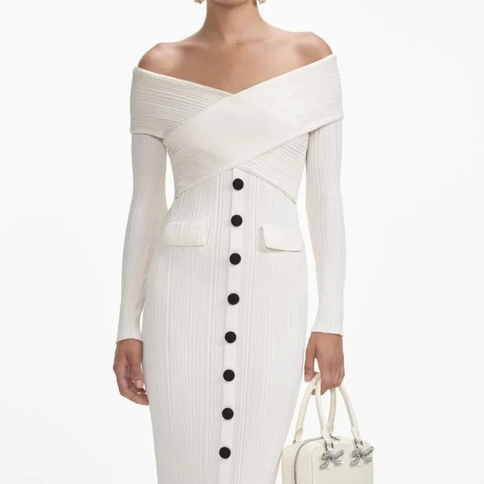 Cream Off Shoulder Knit Midi Dress Women Self Portrait Dresses Cream Off Shoulder Knit Midi Dress Women Self Portrait Dresses