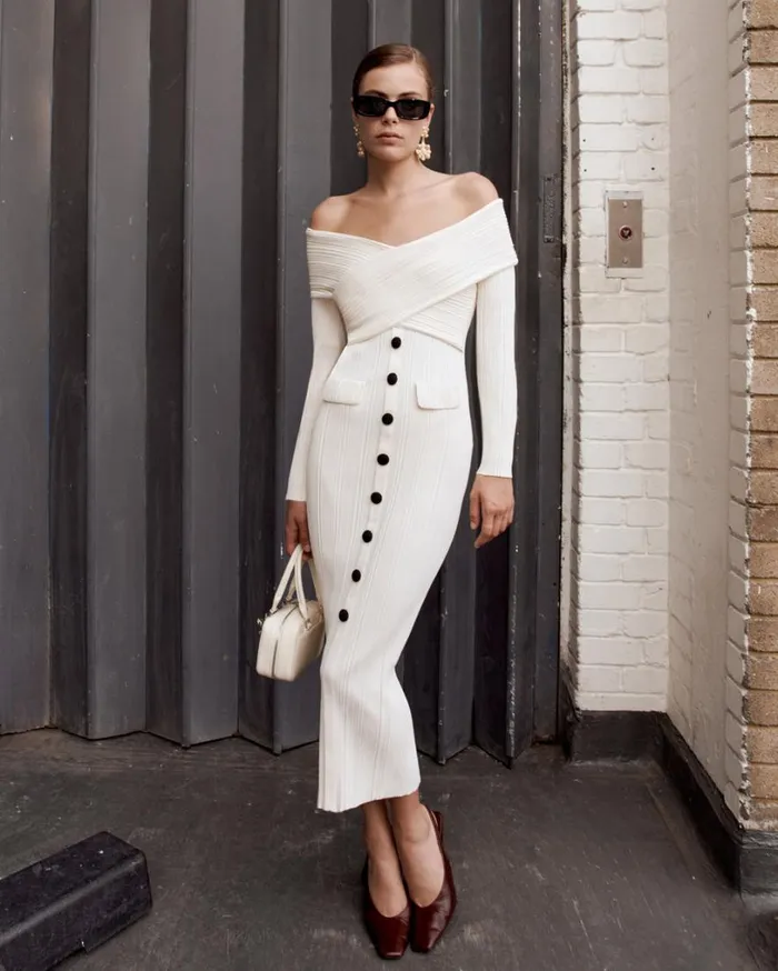 Cream Off Shoulder Knit Midi Dress Women Self Portrait Dresses Cream Off Shoulder Knit Midi Dress Women Self Portrait Dresses