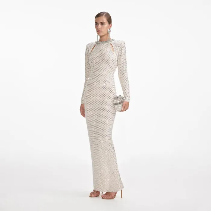 Cream Rhinestone Diamante Trim Maxi Dress Women Self Portrait Dresses Cream Rhinestone Diamante Trim Maxi Dress Women Self Portrait Dresses