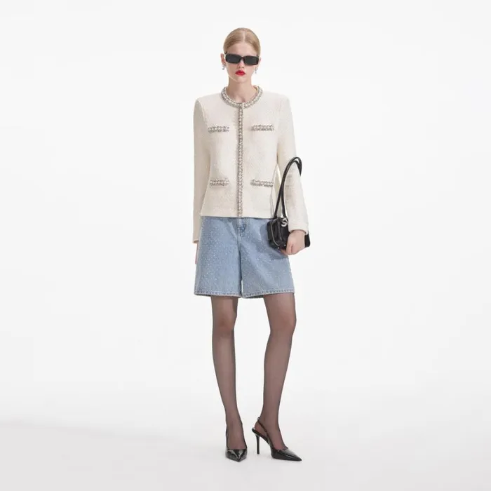 Cream Textured Knit Embellished Cardigan Women Self Portrait Tops