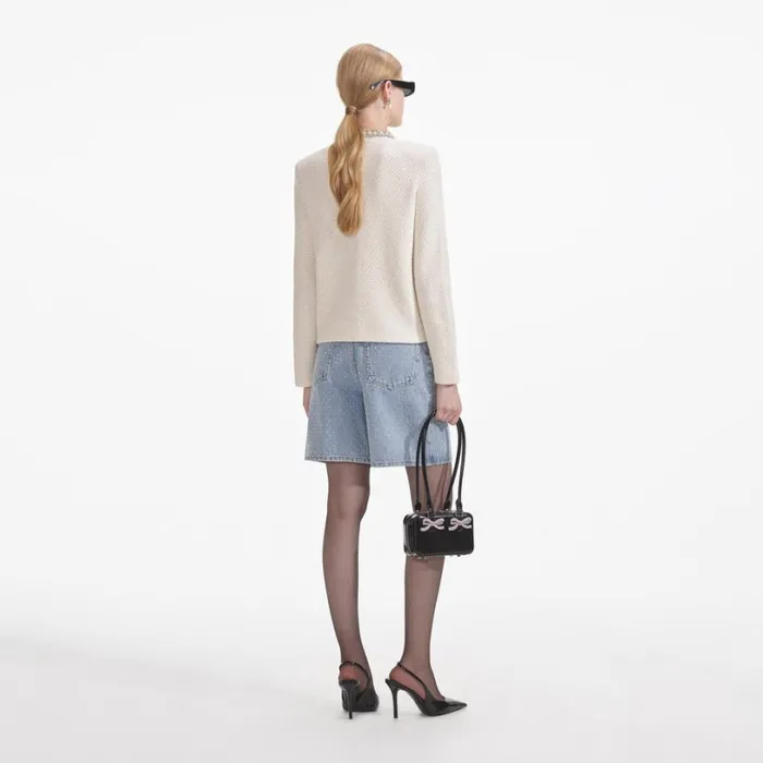 Cream Textured Knit Embellished Cardigan Women Self Portrait Tops