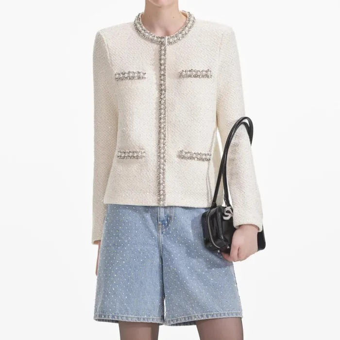 Cream Textured Knit Embellished Cardigan Women Self Portrait Tops