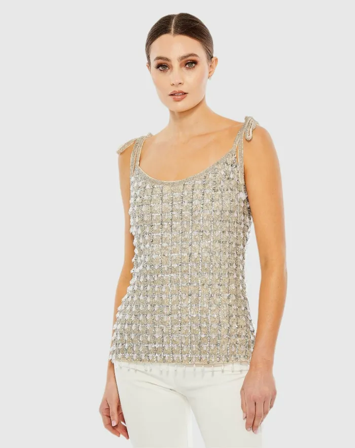 Crystal Embellished Soft Tie Cami Top 8211 FINAL SALE Nude Blouses and Tops Mac Duggal Women Crystal Embellished Soft Tie Cami Top 8211 FINAL SALE Nude Blouses and Tops Mac Duggal Women