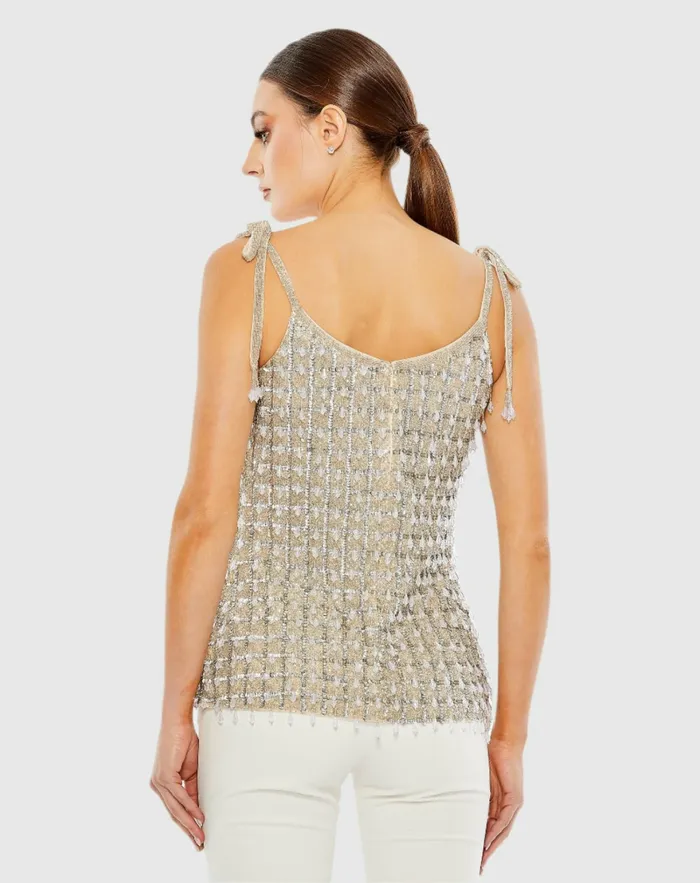 Crystal Embellished Soft Tie Cami Top 8211 FINAL SALE Nude Blouses and Tops Mac Duggal Women