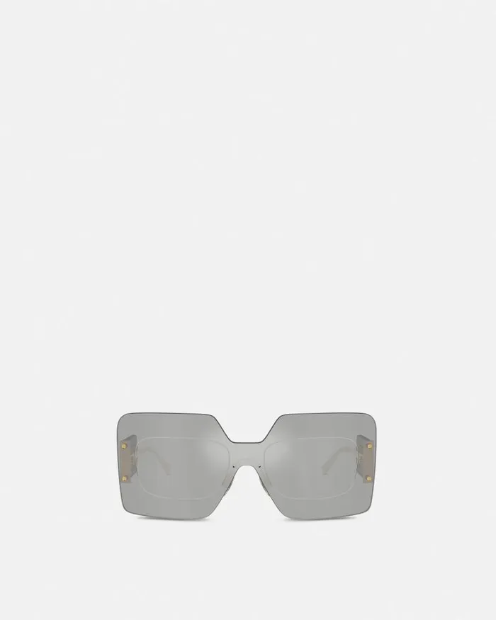 Damier Plaque Squared Shield Sunglasses Silvergold Women Versace Sunglasses