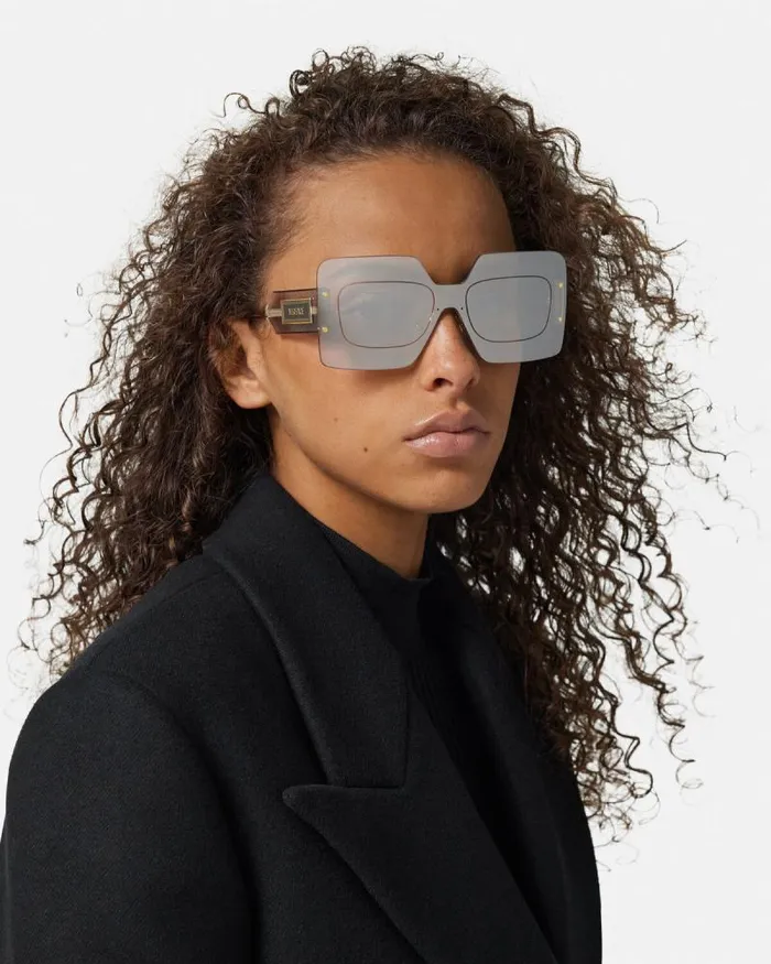 Damier Plaque Squared Shield Sunglasses Silvergold Women Versace Sunglasses