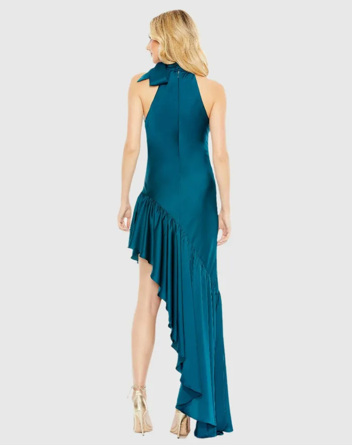 Daytime Dresses Mac Duggal Women Halter Neck Ruffled Asymmetrical Gown Teal