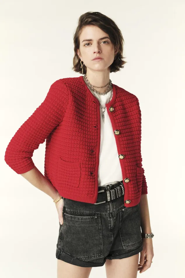 Decorative Knit Cardigan Gaspard Red Women Baandsh Sweaters and Cardigans