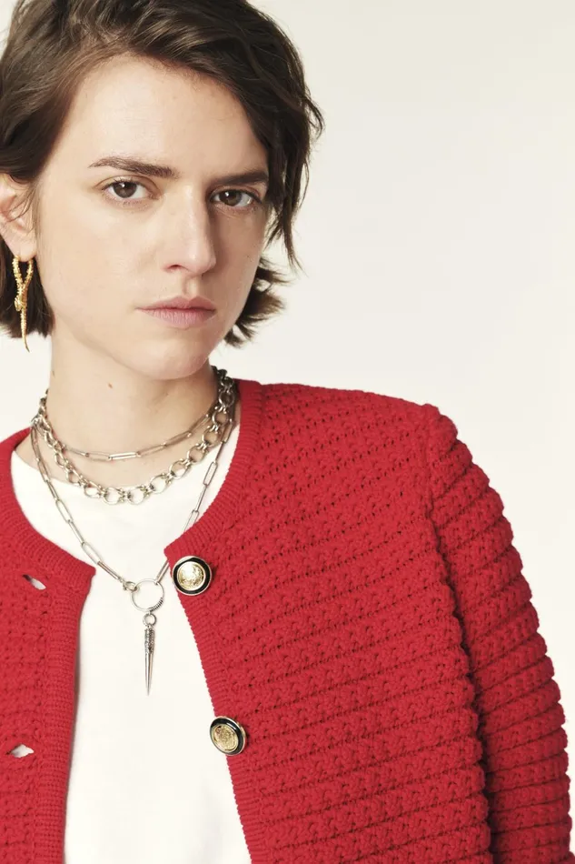 Decorative Knit Cardigan Gaspard Red Women Baandsh Sweaters and Cardigans