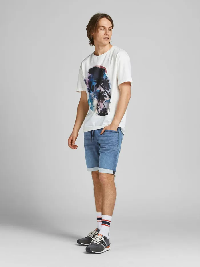 Denim Shorts JACK and JONES Mens RICK DASH INDIGO KNIT DENIM SHORTS Blue Blue Denim For Sale