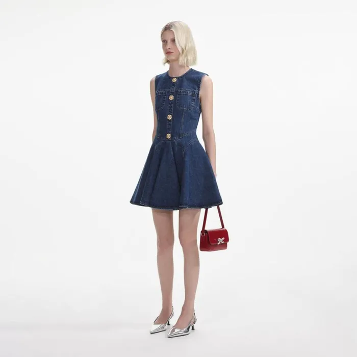 Denim Skater Mini Dress Women Self Portrait Dresses Denim Skater Mini Dress Women Self Portrait Dresses