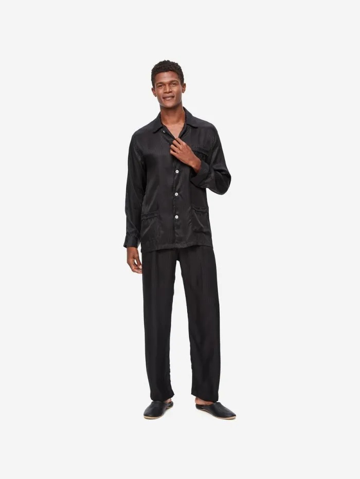 Derek Rose Long Pajamas Men Classic Fit Pajamas Woburn 8 Silk Satin Black
