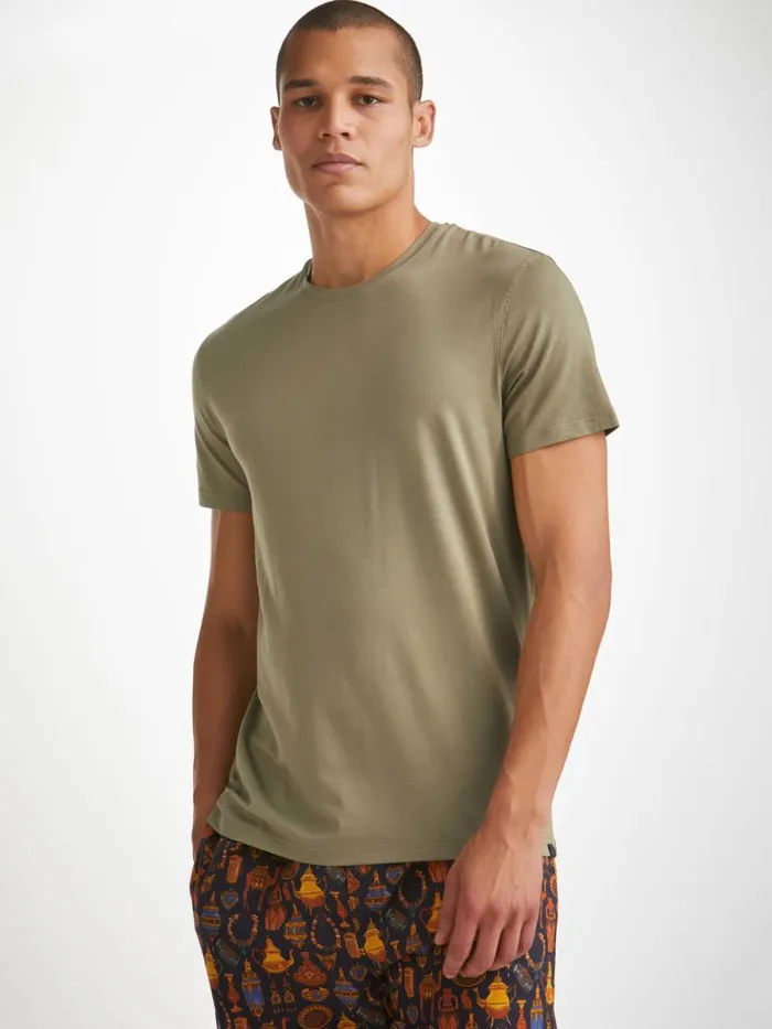 Derek Rose Short Sleeve TShirts Men TShirt Basel Micro Modal Stretch Khaki