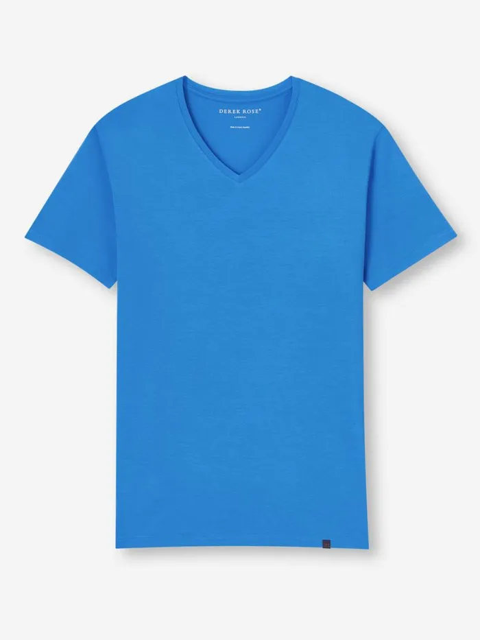Derek Rose Short Sleeve TShirts Men VNeck TShirt Basel Micro Modal Stretch Azure Blue