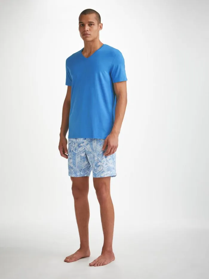 Derek Rose Short Sleeve TShirts Men VNeck TShirt Basel Micro Modal Stretch Azure Blue