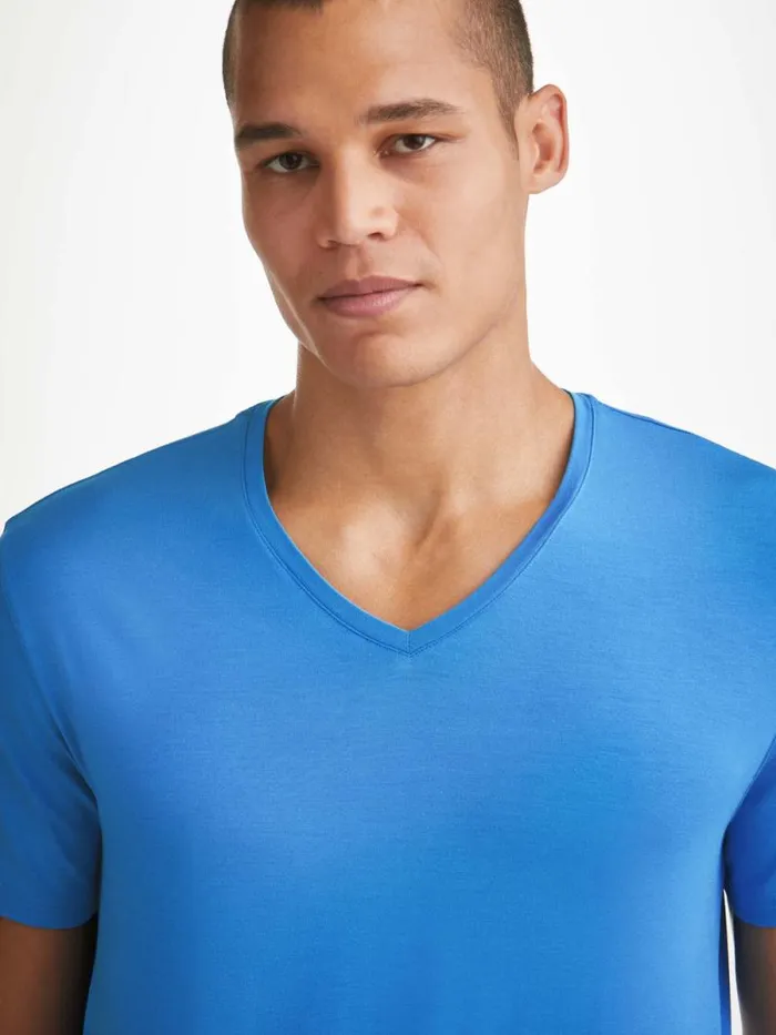 Derek Rose Short Sleeve TShirts Men VNeck TShirt Basel Micro Modal Stretch Azure Blue