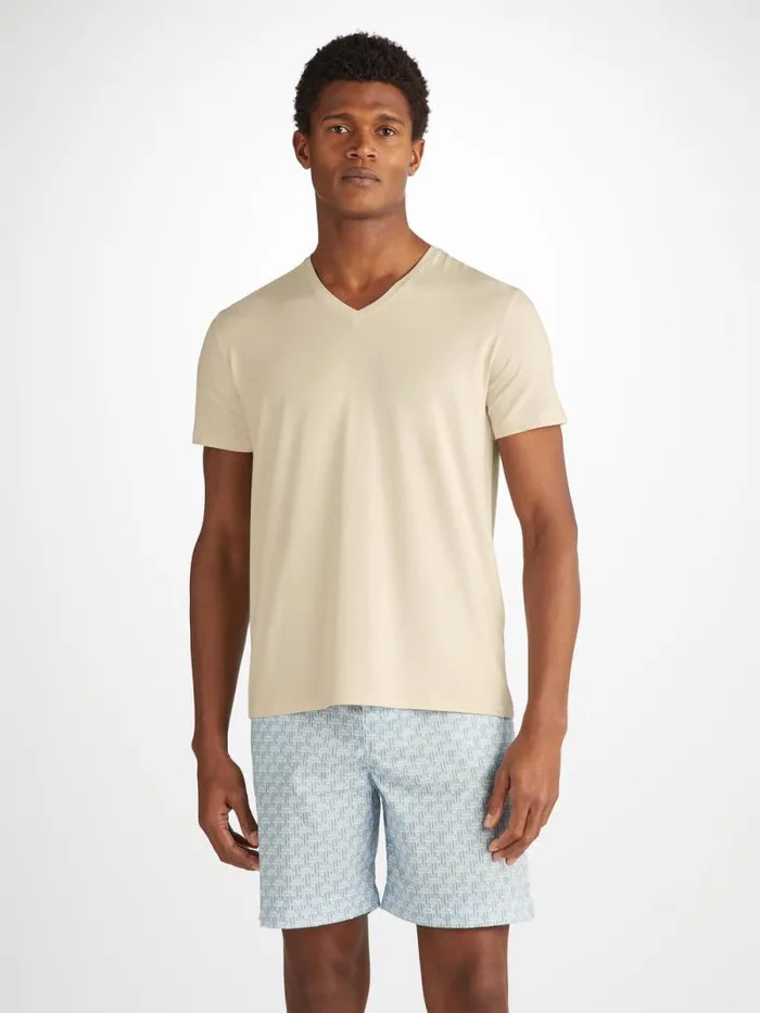 Derek Rose Short Sleeve TShirts Men VNeck TShirt Basel Micro Modal Stretch Ecru