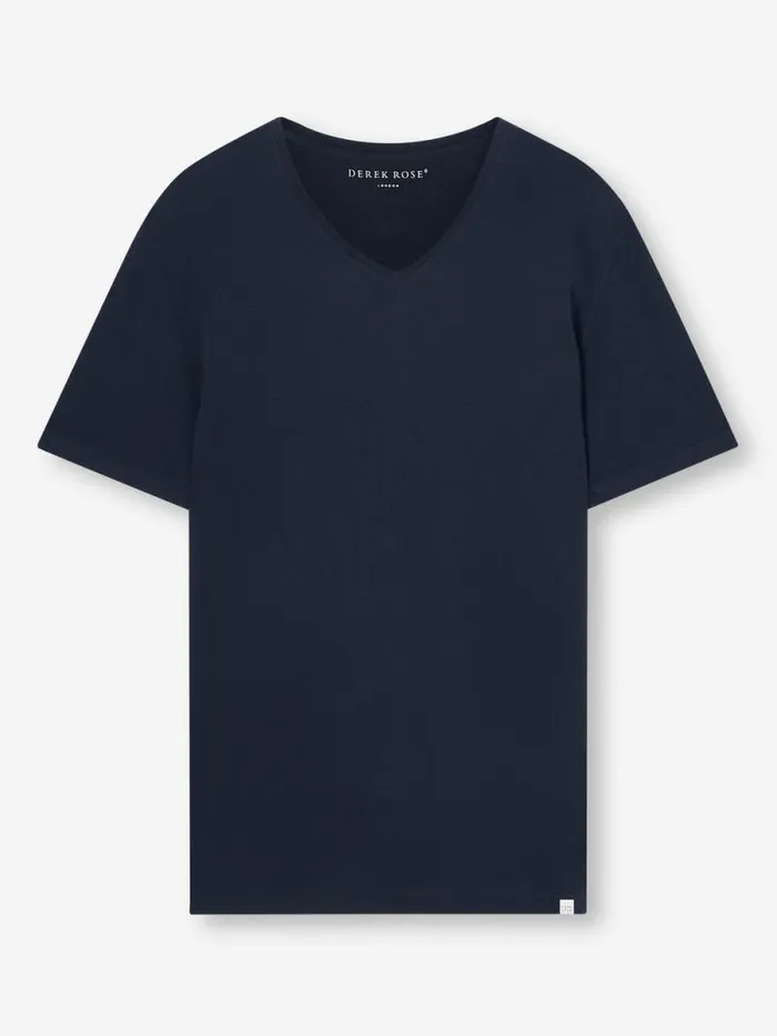 Derek Rose Short Sleeve TShirts Men VNeck TShirt Riley Pima Cotton Navy