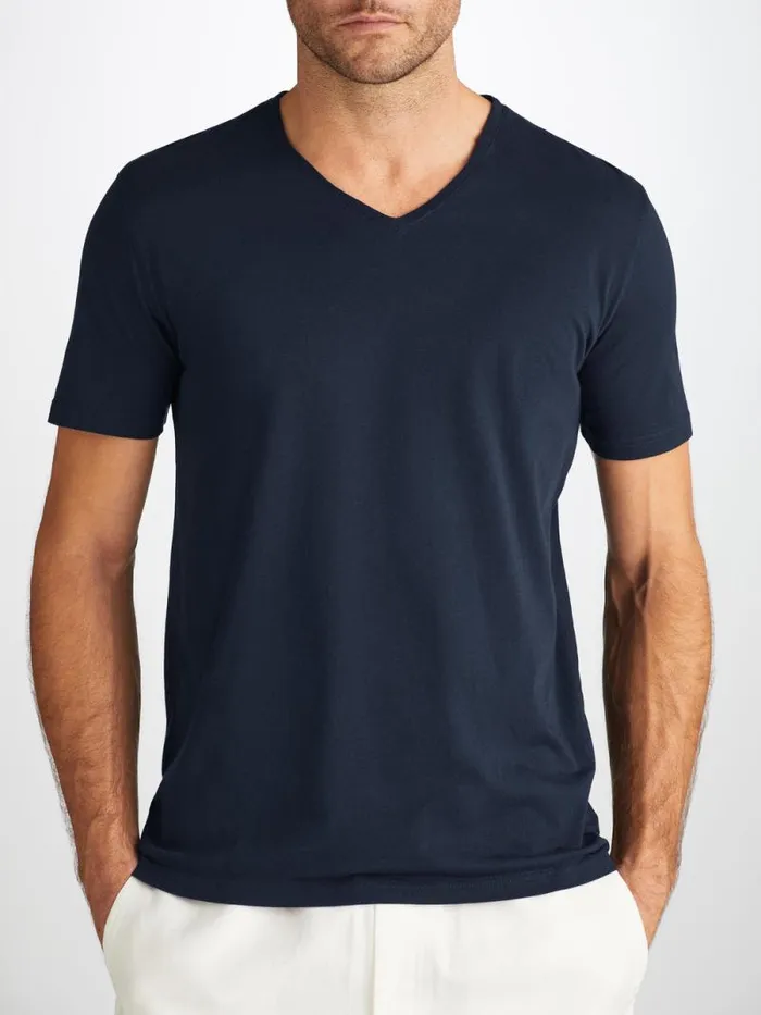 Derek Rose Short Sleeve TShirts Men VNeck TShirt Riley Pima Cotton Navy