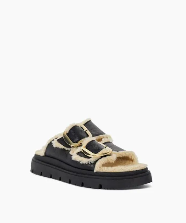 Dune London Black Sandals Women Cosy Lined Two Bar Mules Black