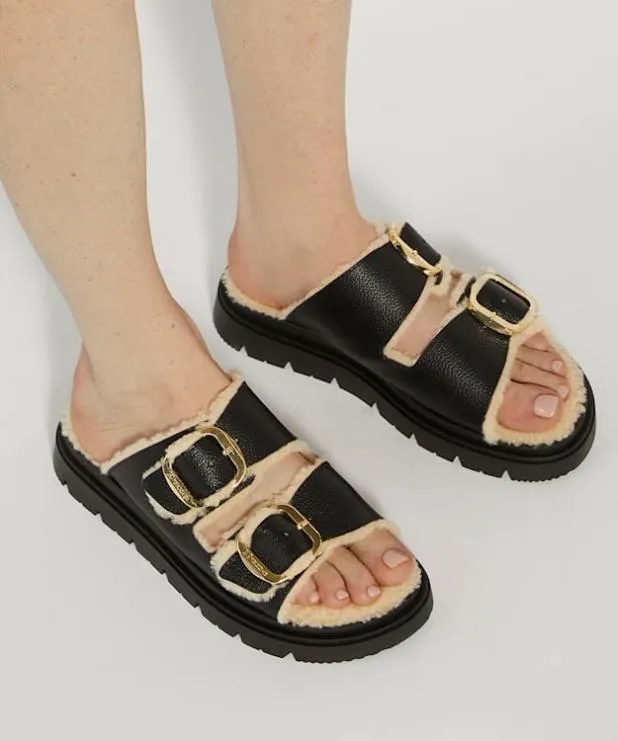 Dune London Black Sandals Women Cosy Lined Two Bar Mules Black