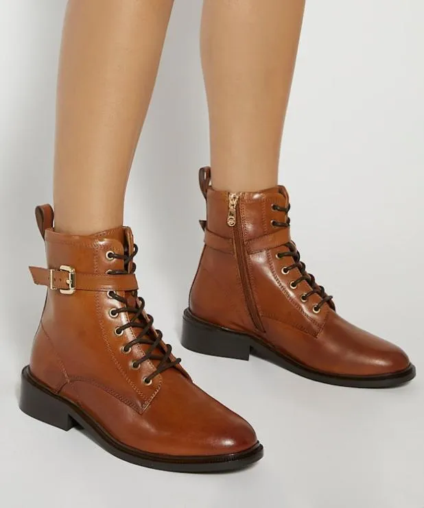 Dune London Brown Boots Women Chunky Lace Up Buckle Boots Brown