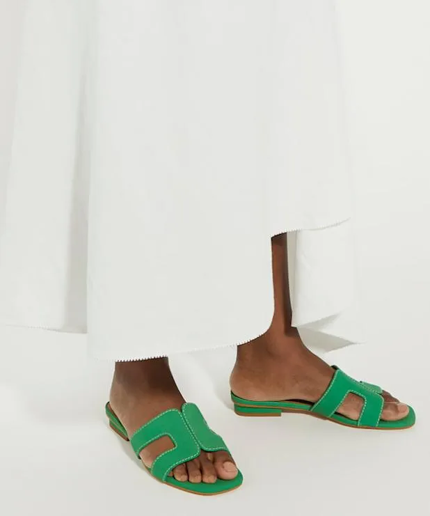 Dune London Flat Sandals Women Smart Slider Sandals Green Suede