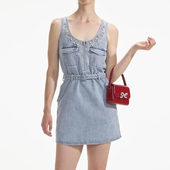 Embellished Denim Mini Dress Women Self Portrait Dresses Embellished Denim Mini Dress Women Self Portrait Dresses