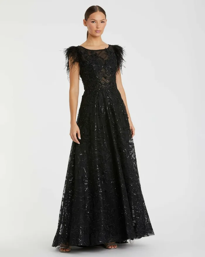 Embellished Feather Cap Sleeve Bateau A Line Gown Black Women Best Sellers Mac Duggal Embellished Feather Cap Sleeve Bateau A Line Gown Black Women Best Sellers Mac Duggal