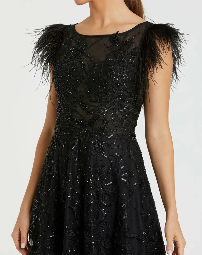 Embellished Feather Cap Sleeve Bateau A Line Gown Black Women Best Sellers Mac Duggal