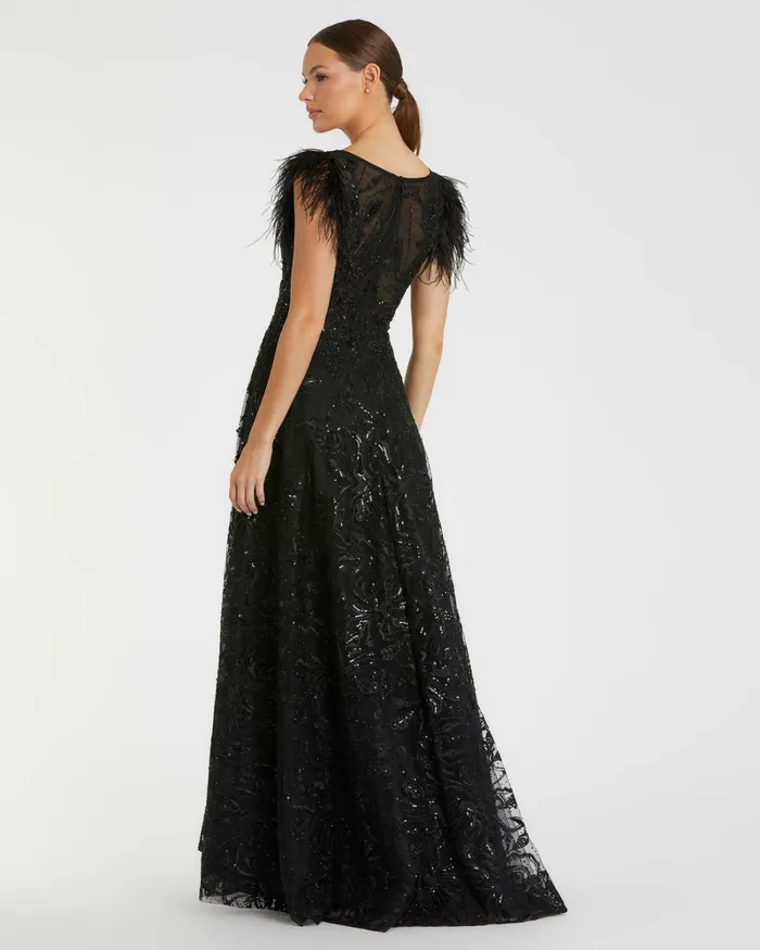 Embellished Feather Cap Sleeve Bateau A Line Gown Black Women Best Sellers Mac Duggal