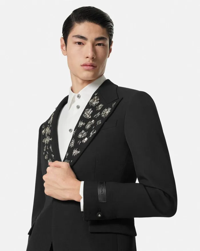 Embellished Light Wool Blazer Black Men Versace Blazers and Suits