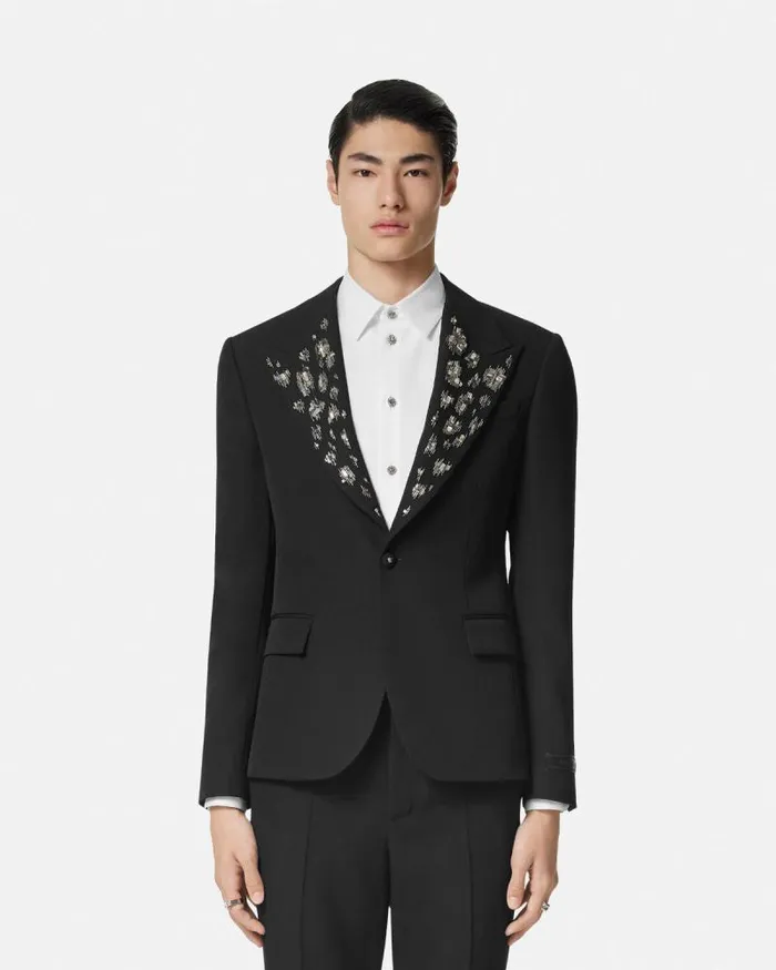 Embellished Light Wool Blazer Black Men Versace Blazers and Suits