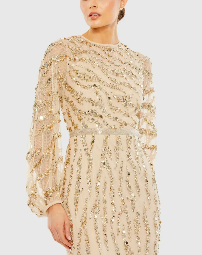 Evening Gowns Embellished High Neck Puff Sleeve Trumpet Gown Nude Gold Mac Duggal Women Evening Gowns Embellished High Neck Puff Sleeve Trumpet Gown Nude Gold Mac Duggal Women