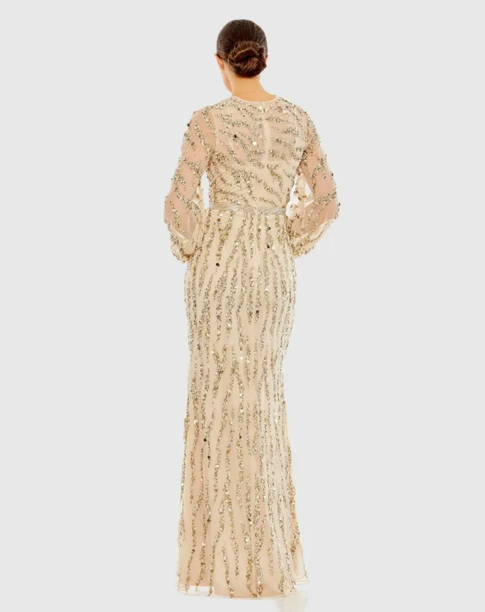 Evening Gowns Embellished High Neck Puff Sleeve Trumpet Gown Nude Gold Mac Duggal Women Evening Gowns Embellished High Neck Puff Sleeve Trumpet Gown Nude Gold Mac Duggal Women