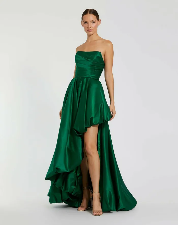 Evening Gowns Mac Duggal Women Green Strapless Ruched High Low Gown Emerald