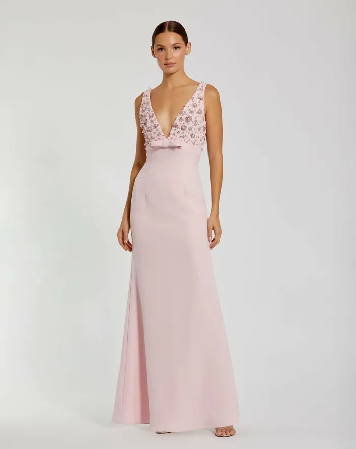 Evening Gowns Pink Crepe Sleeveless Beaded V Neck Gown With Bow Blush Mac Duggal Women Evening Gowns Pink Crepe Sleeveless Beaded V Neck Gown With Bow Blush Mac Duggal Women